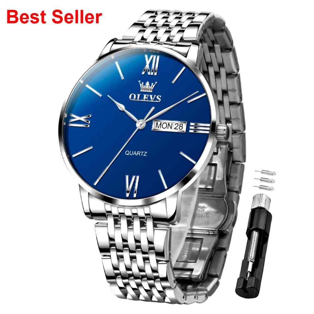 Stainless Steel Waterproof Dress Watch With Day Date Roman Numerals
